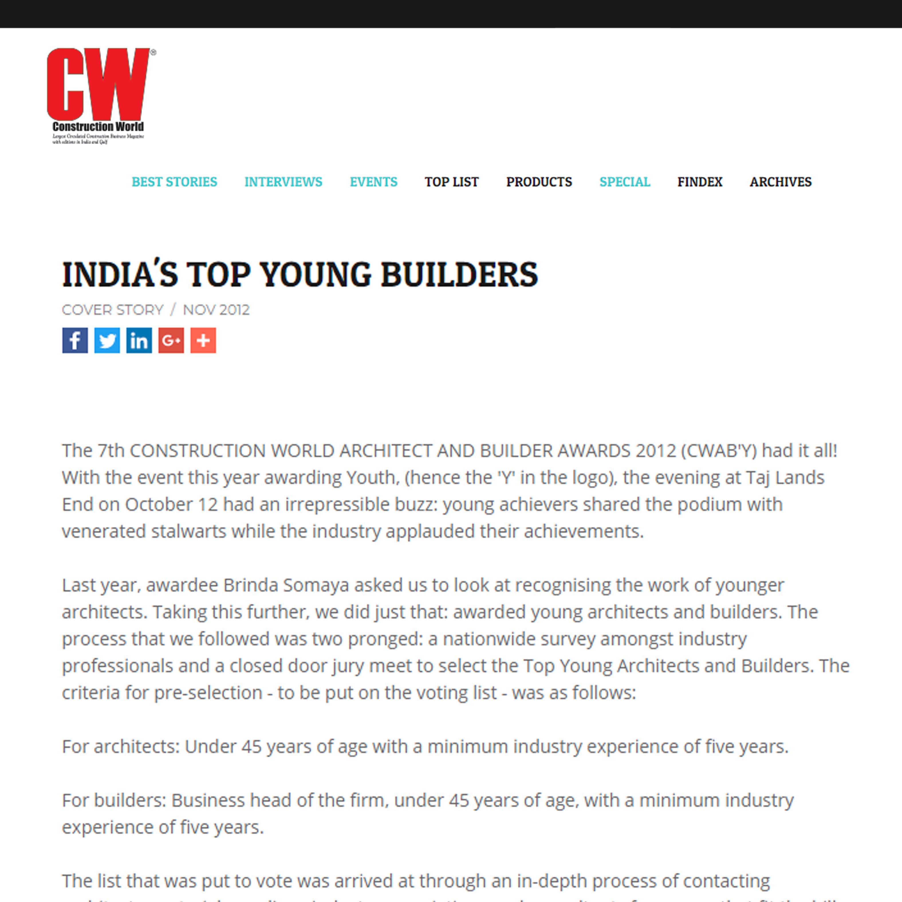 Inida's Top Young Builders, CW Construction World , November 2012